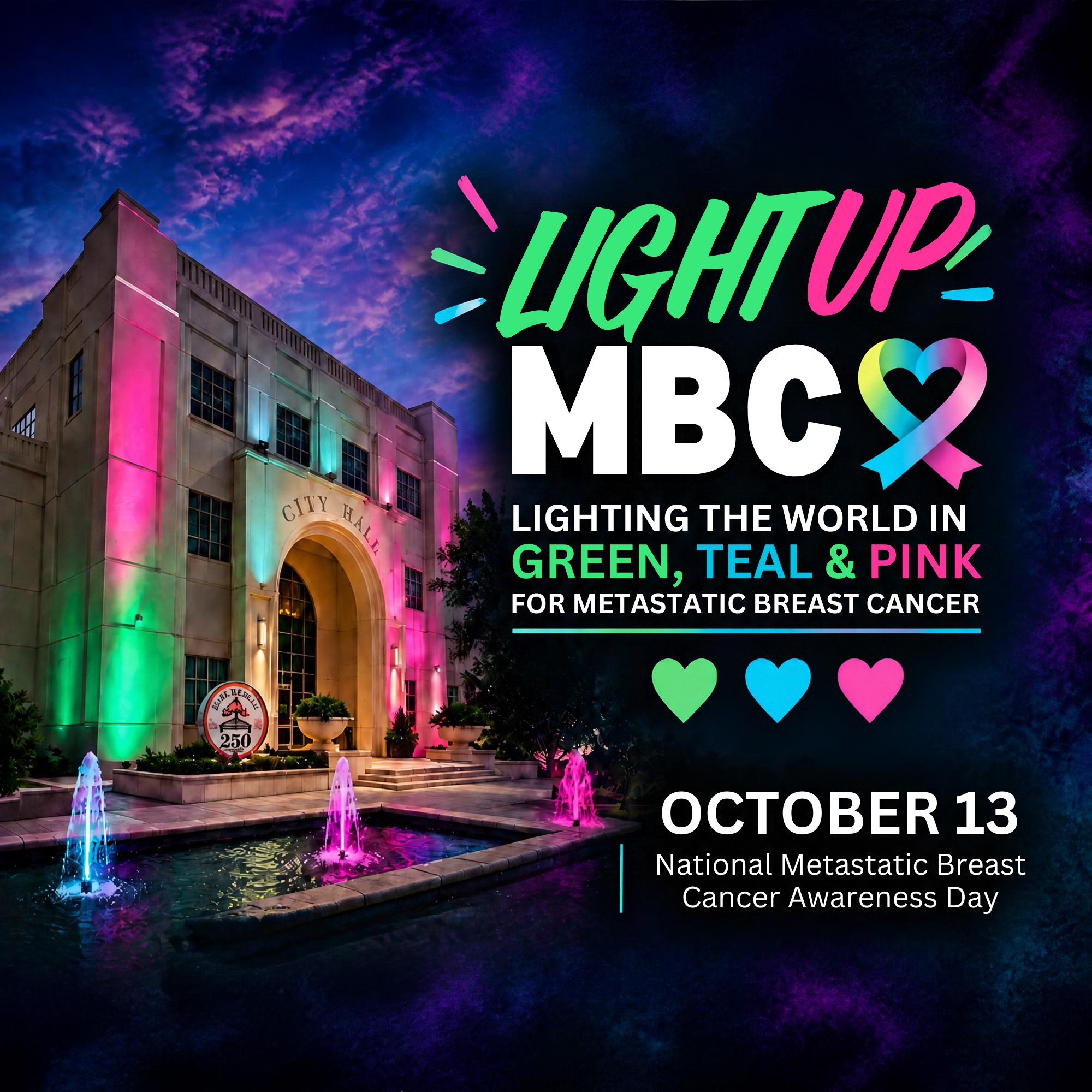 Winter Garden City Hall lit in green, teal and pink with the LightUpMBC October 13 graphic